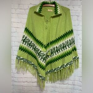 Vintage Alpaca Top Peruvian Green Knit Cape Poncho